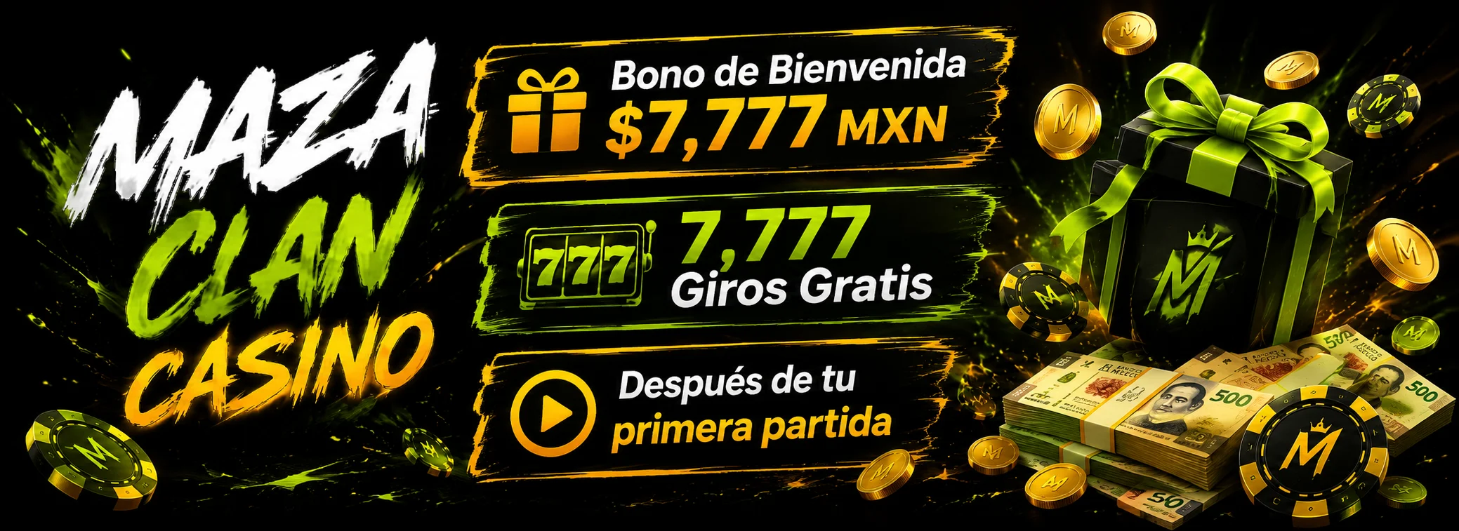 Regalo de bienvenida de Maza Clan Casino: $7,777 MXN y 7,777 giros gratis después de tu primera partida