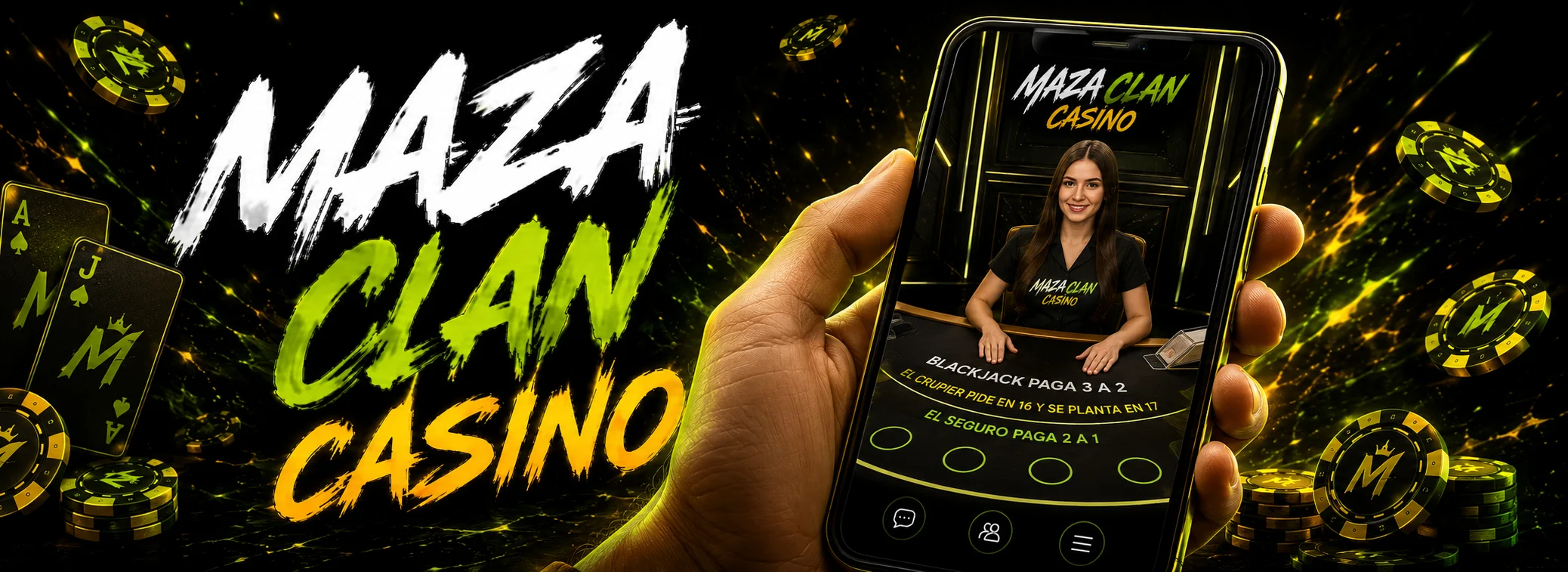 Lobby de Maza Clan Casino abierto en un celular, con tragamonedas y mesas en vivo
